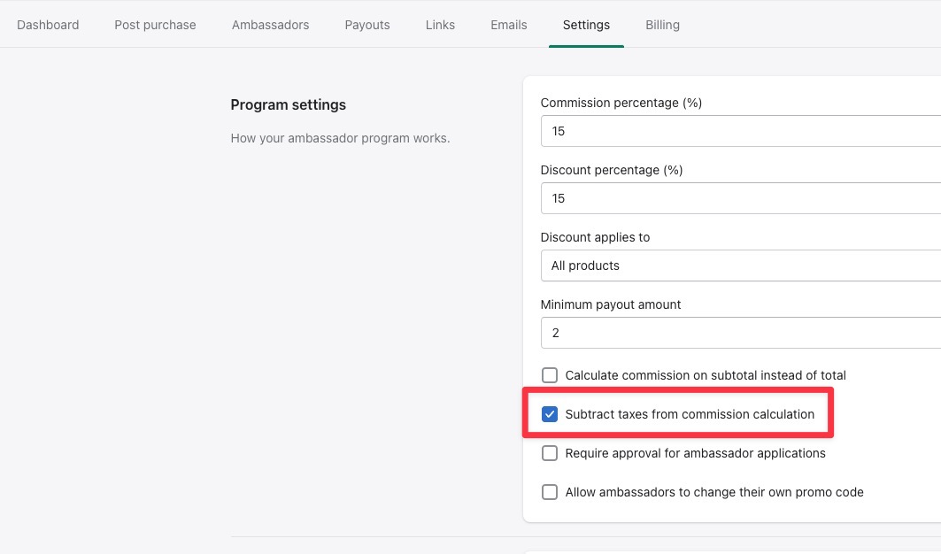 The subtract-taxes setting on the Settings tab
