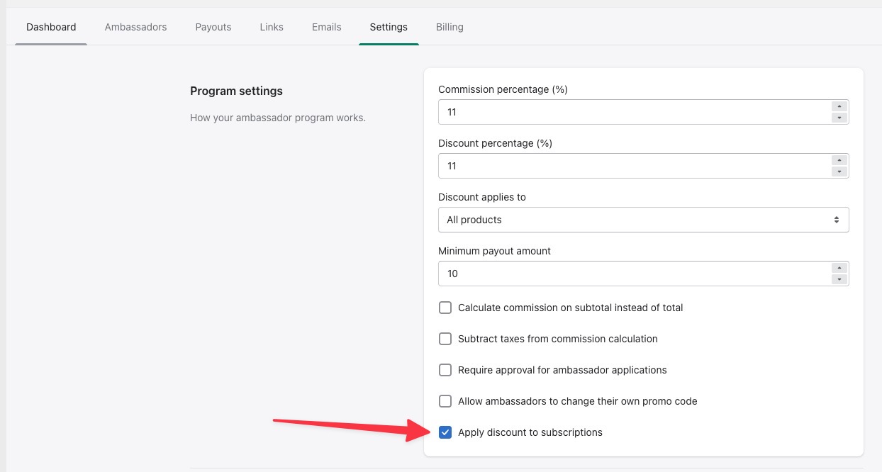 The subscription setting on the Settings tab