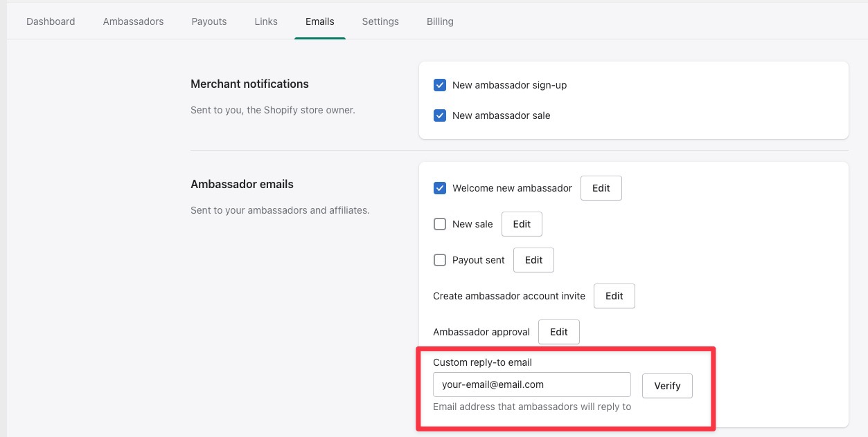 Entering and verifying a reply-to address on the Emails tab