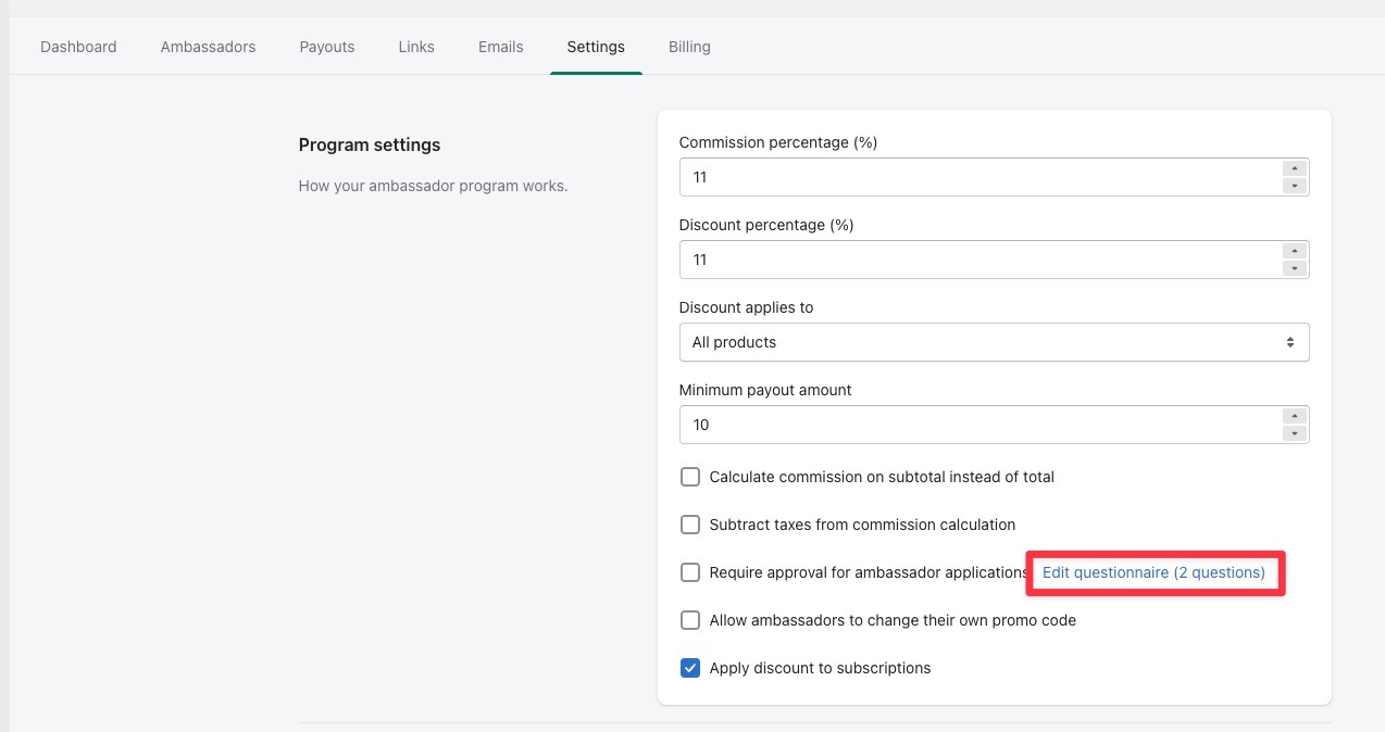 The Set up questionnaire button next to the require-approval setting
