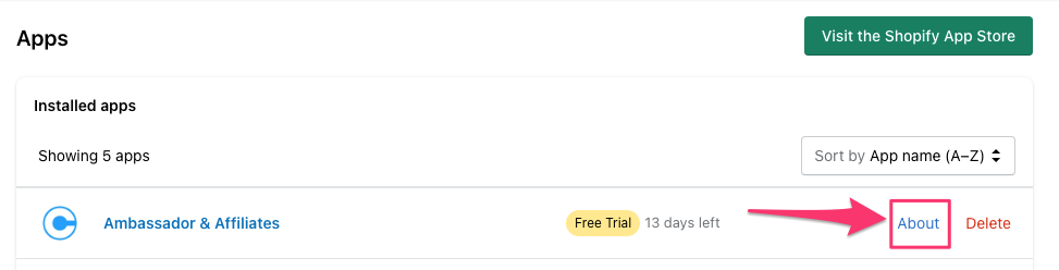 The About link next to ConvertOut in the Shopify Apps list
