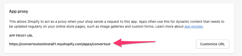 App proxy URL set to /apps/convertout