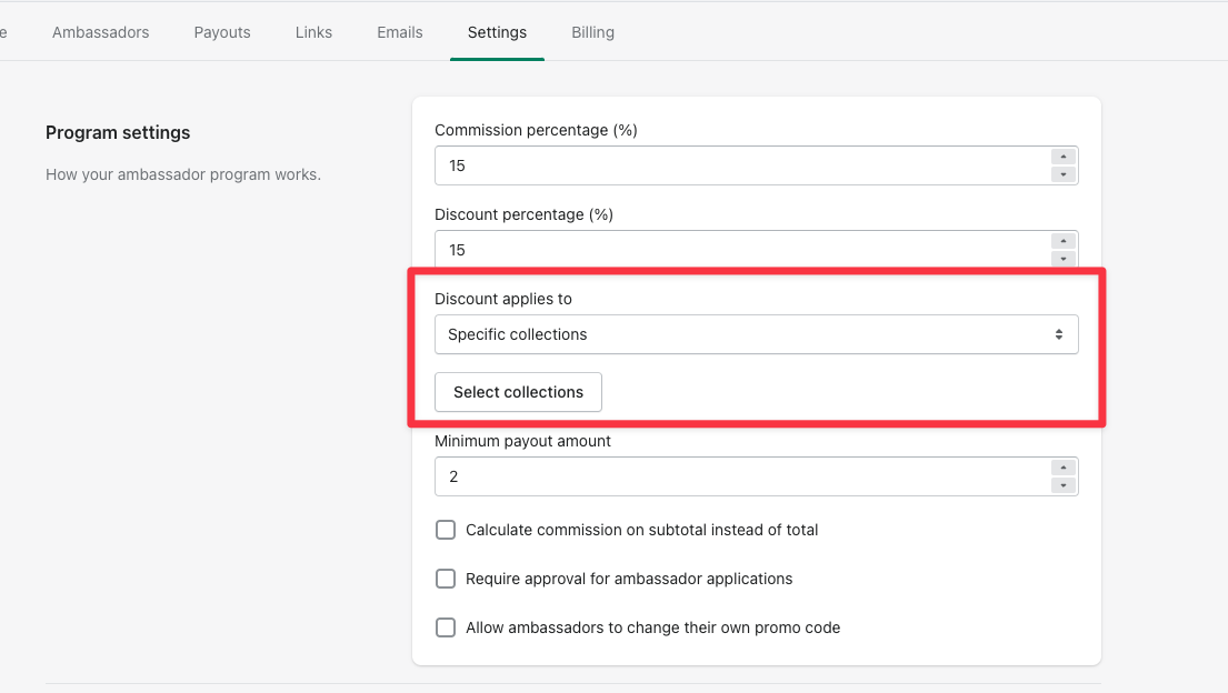 The Discount applies to setting with specific collections selected