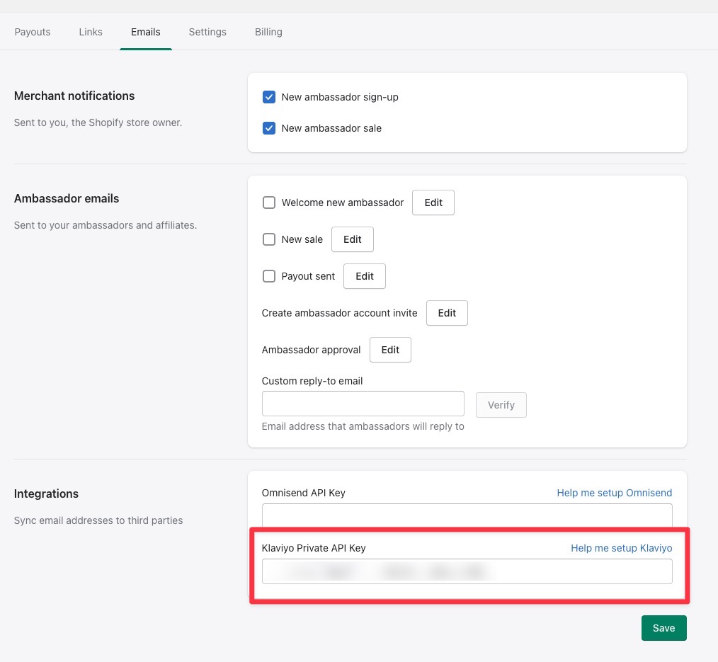 The Klaviyo private API key field in the ConvertOut Emails tab