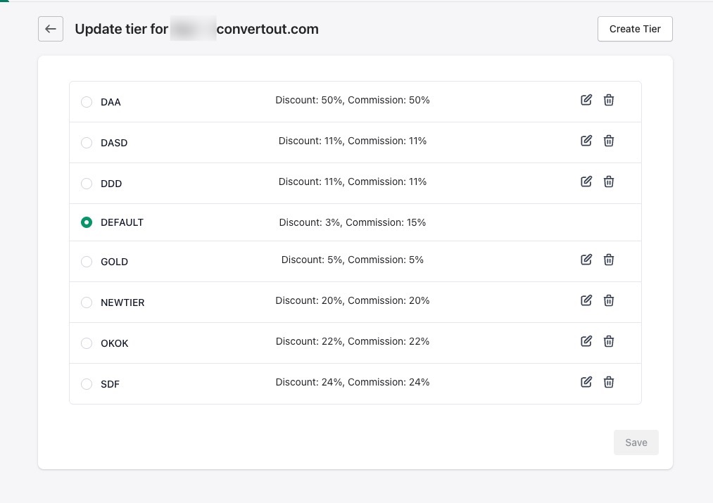 Editing an ambassador's tier to set a custom commission and discount rate