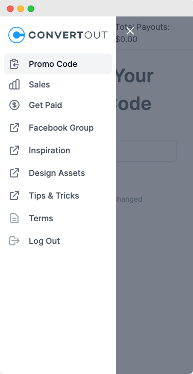 Ambassador portal menu showing custom links for Facebook Group, Inspiration, Design Assets and Tips & Tricks