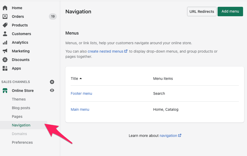 Shopify admin Navigation page listing the Footer menu and Main menu