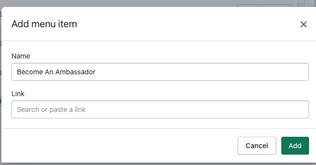 Add menu item dialog with a name field