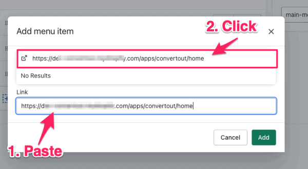 Add menu item dialog showing the pasted portal URL and the suggestion to click