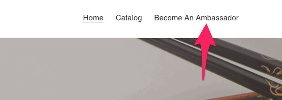 Store header showing Home, Catalog and Become An Ambassador menu items
