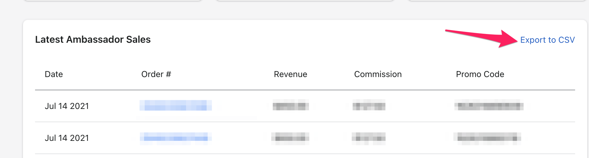 Latest Ambassador Sales list with the Export to CSV link highlighted