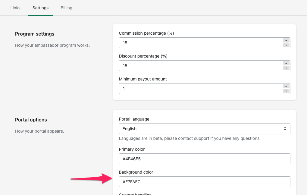 Portal options settings showing the Primary color and Background color fields