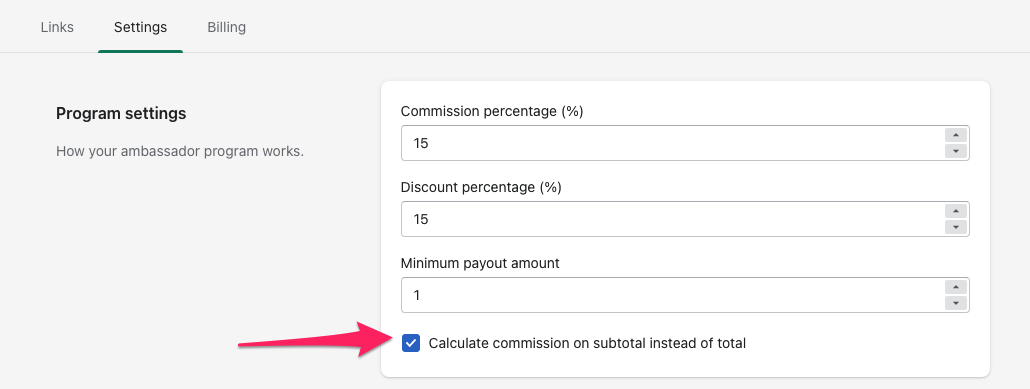 Program settings with the Calculate commission on subtotal instead of total checkbox