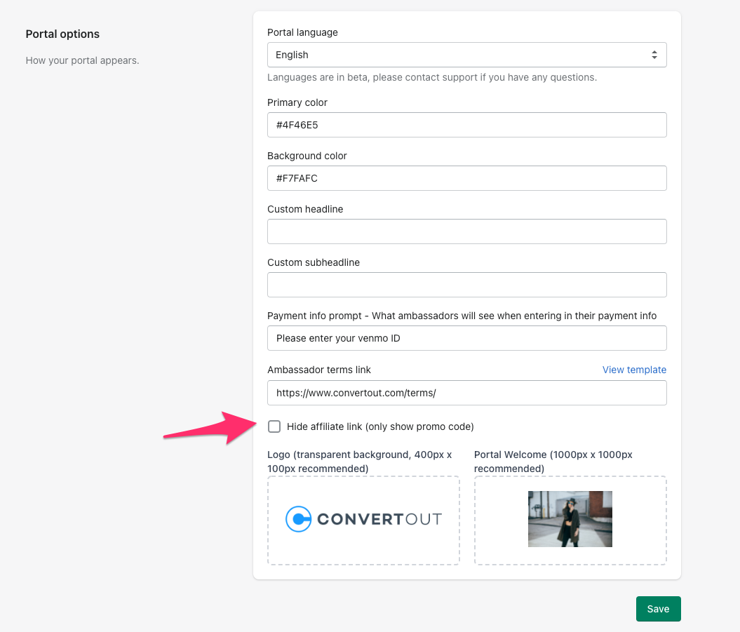 Portal options settings with the Hide affiliate link checkbox highlighted