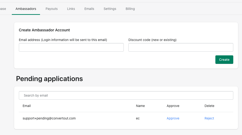 Ambassadors page showing the Pending applications table with Approve and Reject actions