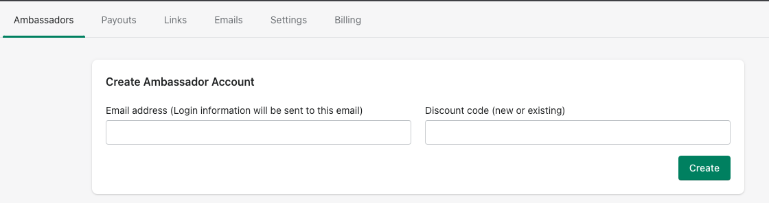 The Create Ambassador Account card on the Ambassadors tab