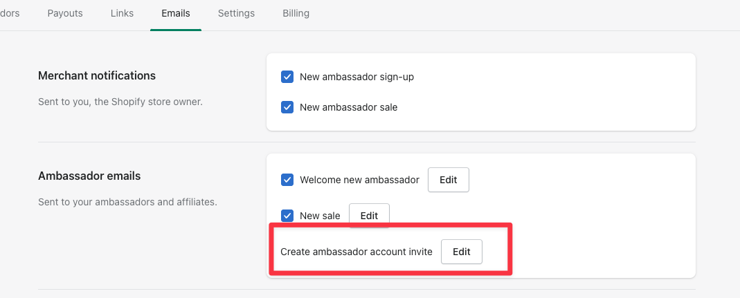 The create-account invite template on the Emails tab
