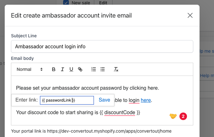 Setting the link URL to the passwordLink variable