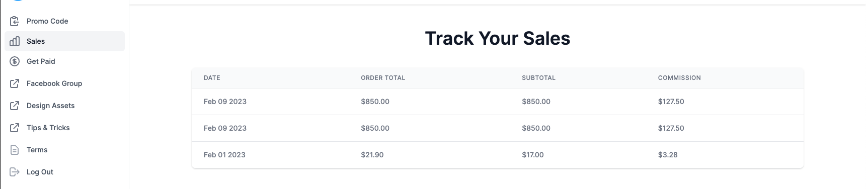 The sales list in the ambassador portal, showing date, order total, subtotal and commission