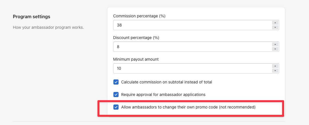 The setting that lets ambassadors change their own promo code
