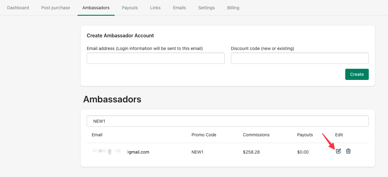 Opening an ambassador's detail page from the Ambassadors tab