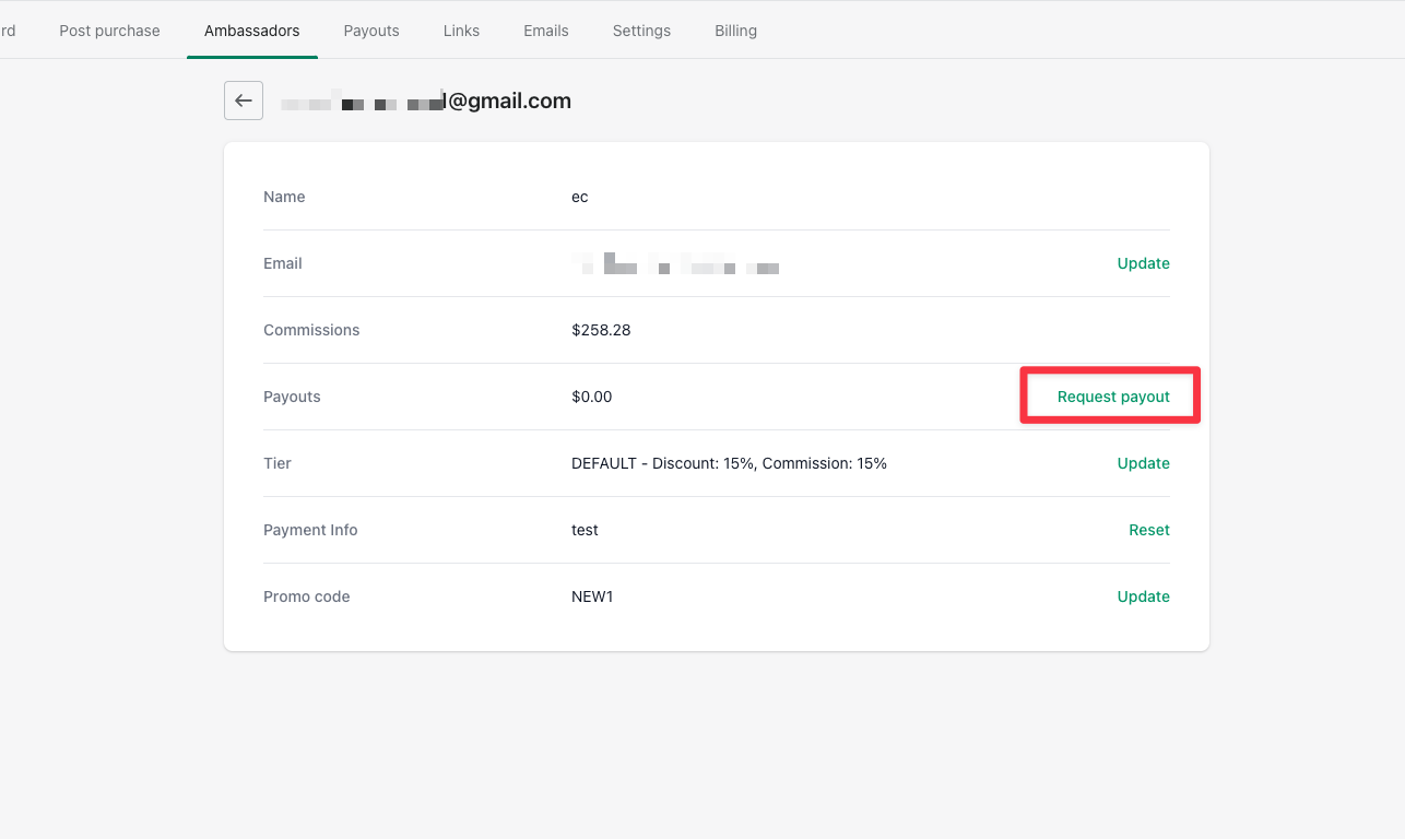 The Request payout button on the ambassador's detail page