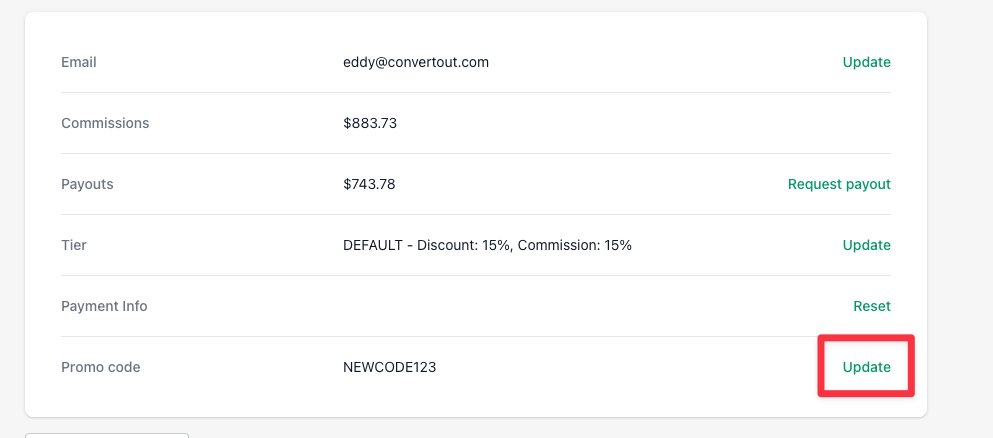 Updating an ambassador's promo code