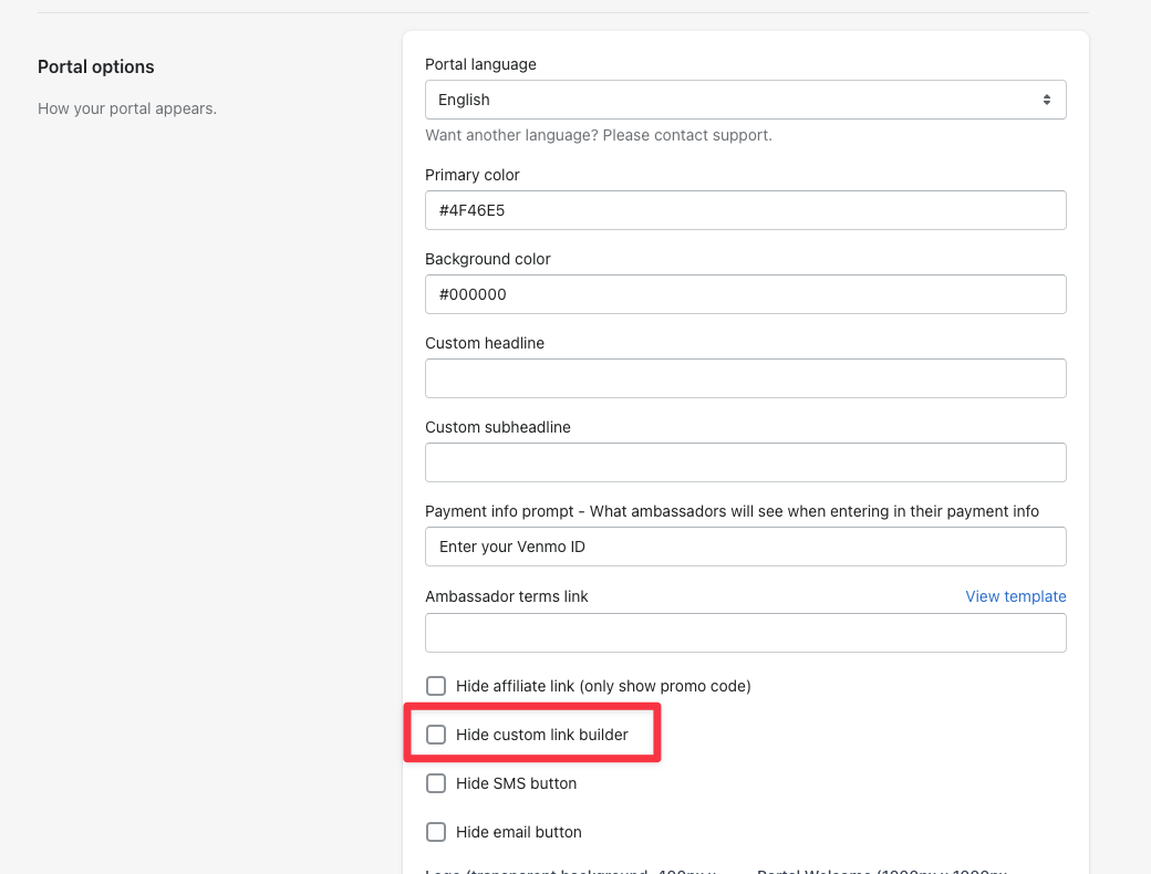 The portal option to hide the custom link builder