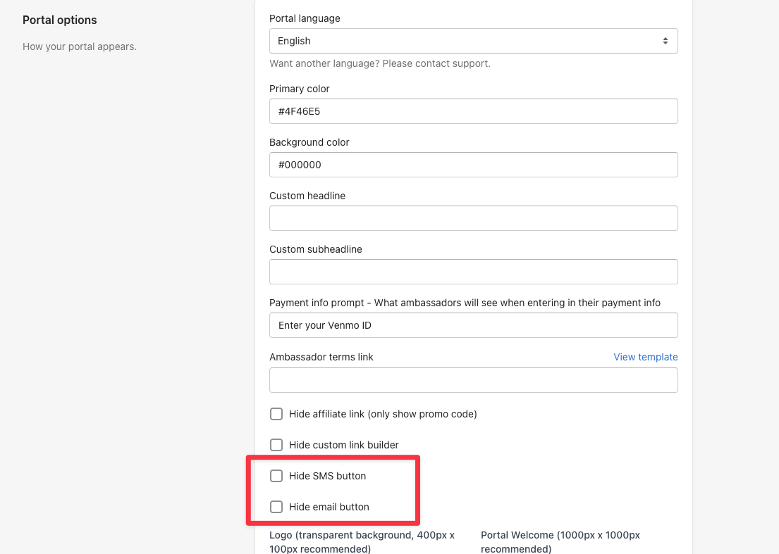 The portal options for hiding the SMS and email buttons