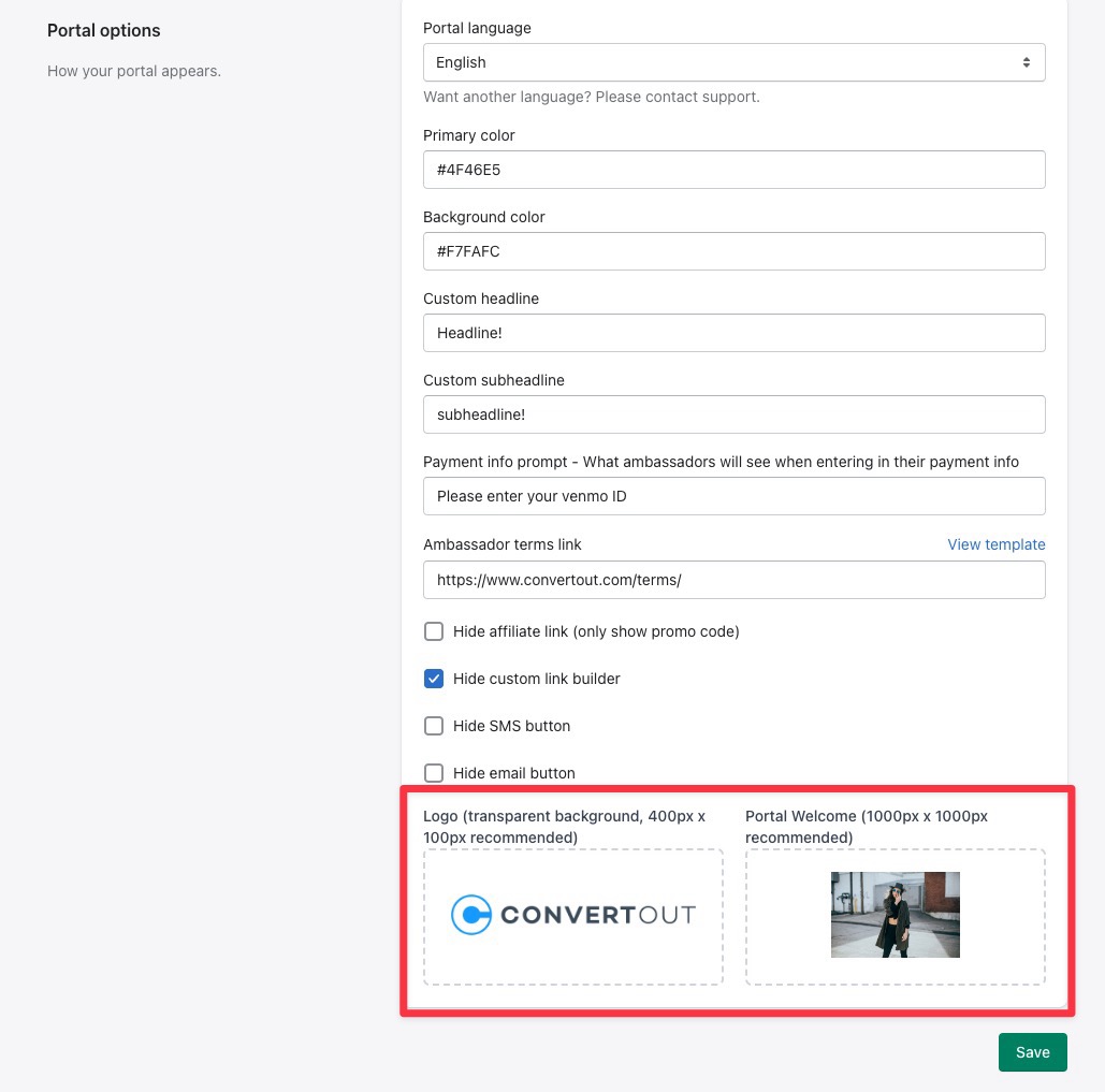 Portal options section with the logo and sign-up image uploads